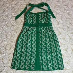 Anthropologie Floreat Apple Green Halter Dress w/ Rooster Embroidery & Buttons